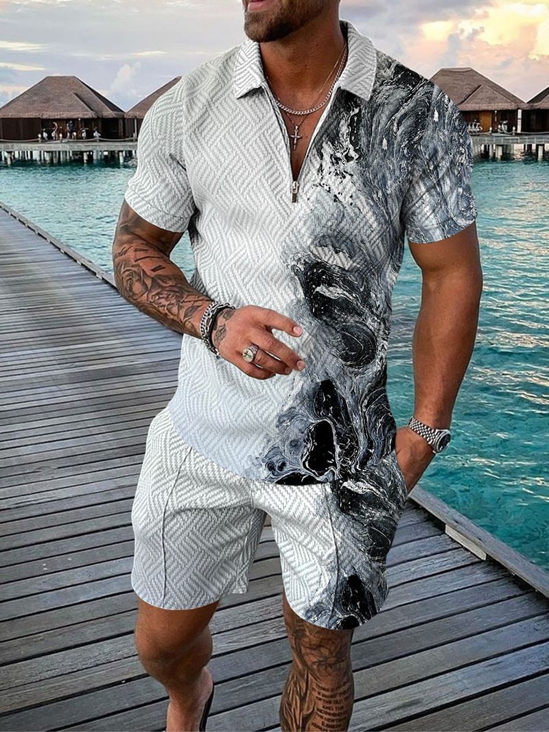 Men's 2pcs, Red Dots Pattern, Trendy Comfy Zip Polo And Plain Drawstring Waistband Shorts Set_voghion.com