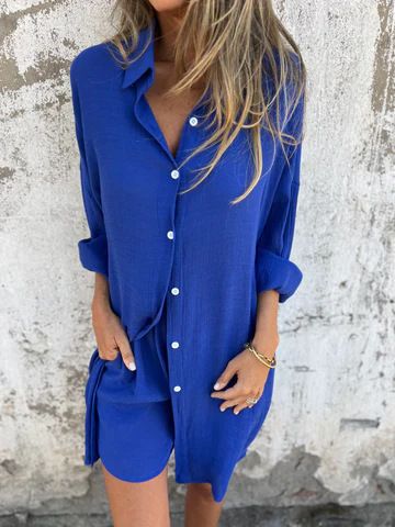 Conjunto de duas peças feminino casual de algodão e linho, cor sólida, manga comprida, camisa de tecido amassado, 2025_voghion.com
