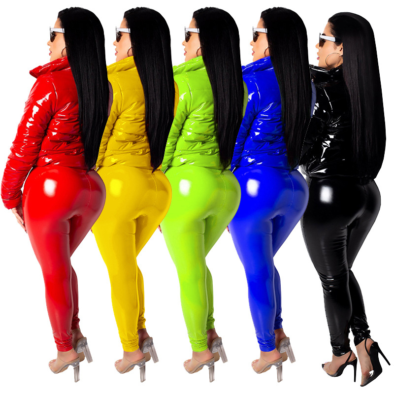 Giacca imbottita in pelle PU brillante da donna, giacca calda, nuovo cappotto solido autunnale e invernale_voghion.com