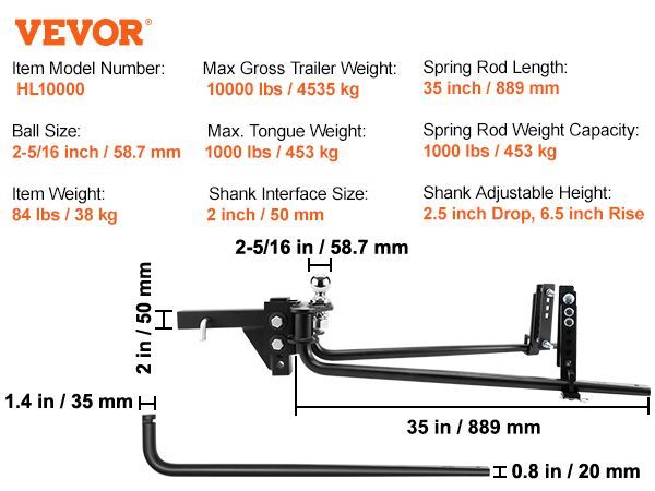 VEVOR Weight Distribution Hitch, 1,000 Lbs Weight Distributing Hitches Kit With Sway Control For Trailer, 2-In Solid Steel Shank, 2-5/16 In Alloy Steel Ball, Powder Coated Load Leveling Hitch, Black_voghion.com