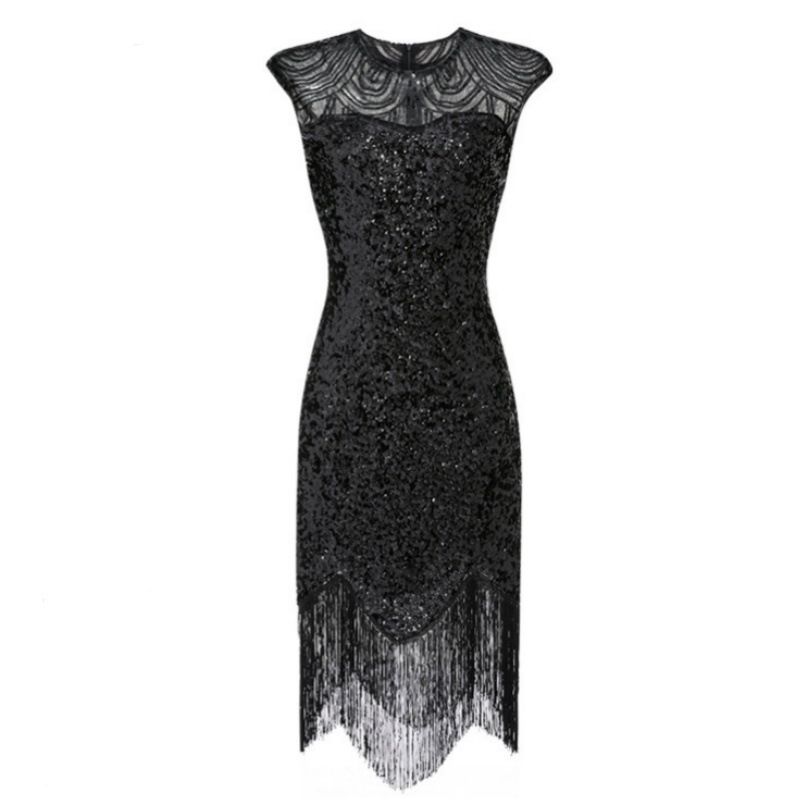 Abito da sera da banchetto da donna, con frange di paillettes, scollo tondo, stile Gatsby, anni '20_voghion.com