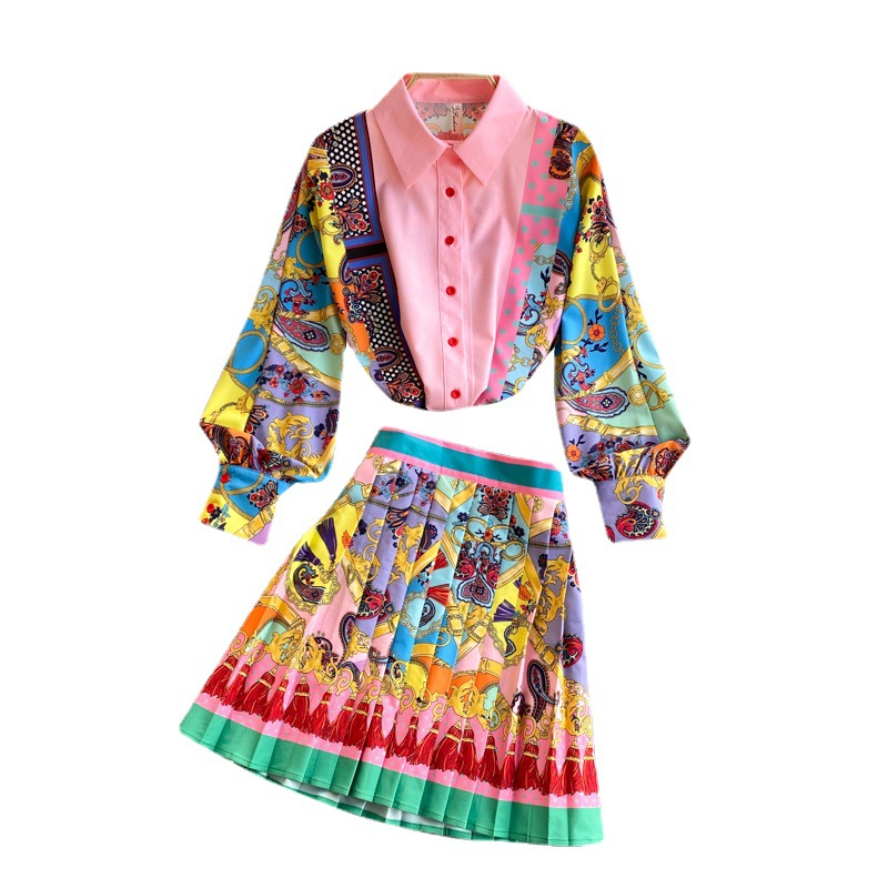 Conjunto de falda ajustada de cintura alta para mujer, camisa con manga de burbuja y cuello con estampado exótico bohemio, 789_voghion.com