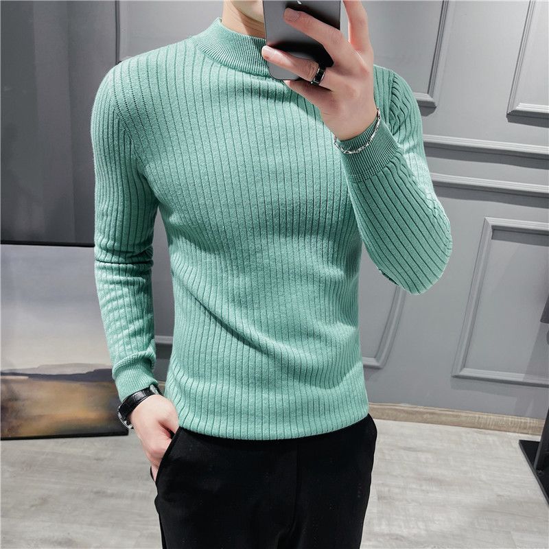 Nuovo maglione semi-alto da uomo, maglione lavorato a maglia a righe elastiche slim fit, maglione a tinta unita con collo medio per autunno e inverno_voghion.com