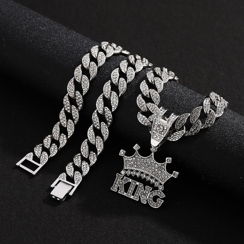 Men's Hip Hop Full Dia Crown Letter KING Pendant Street Trend Cool Alloy Necklace Accessories Men_voghion.com