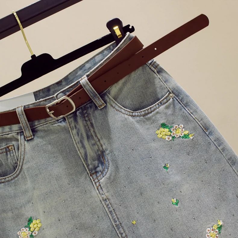 Embroidered Denim Midi Skirt With Rhinestones, High Waist A-Line Slimming Pencil Skirt With Side Slit, Elegant Casual Floral Design For Women_voghion.com