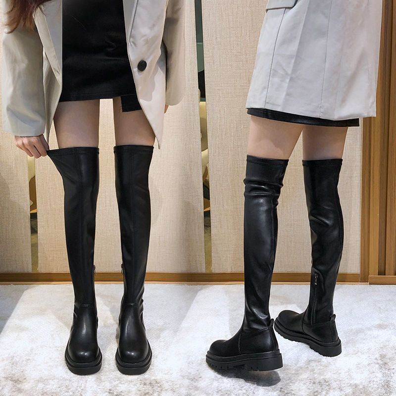 Overknee-Langstiefel für Damen, Herbst/Winter 2024, neu, elastisch, schlankmachend, hoch, flach, mittelhoher Absatz, dicke Sohle_voghion.com
