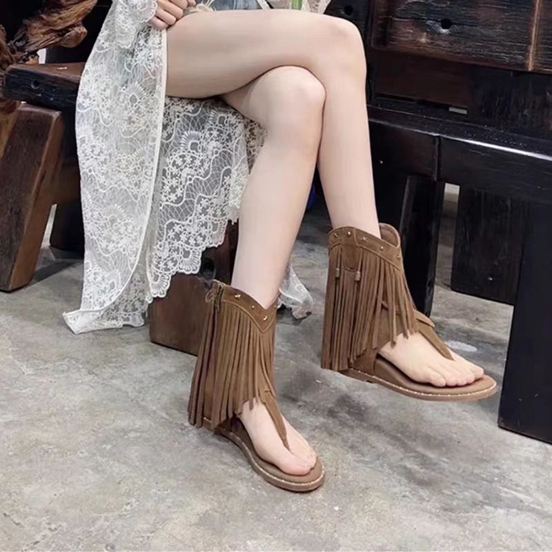 Women's Shoes Tassel Rivet Herringbone Flip Flops Women's Shoes Style Inner Height Increase Side Zipper Roman Sandals Western Boots_voghion.com