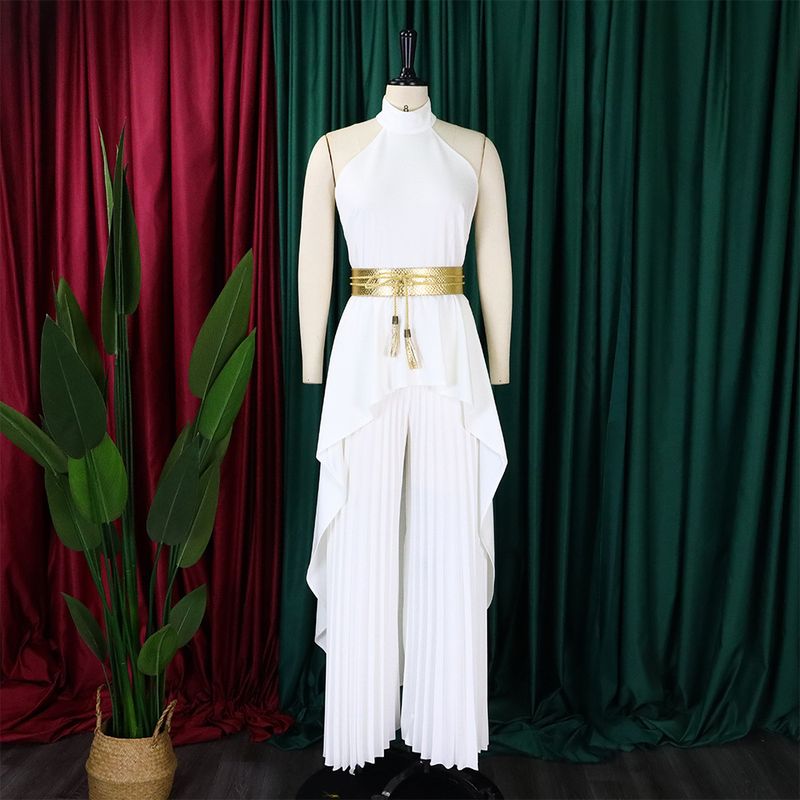 Damenbekleidung Sommermode zweiteilig ärmellos rückenfrei unregelmäßig langer Rock Hose mit weitem Bein_voghion.com