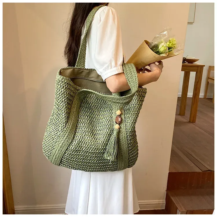 Elegante borsa da donna in paglia intrecciata, da spiaggia, per le vacanze, per il pendolarismo, casual, con manico superiore, alla moda, retrò, a tracolla, 2024_voghion.com