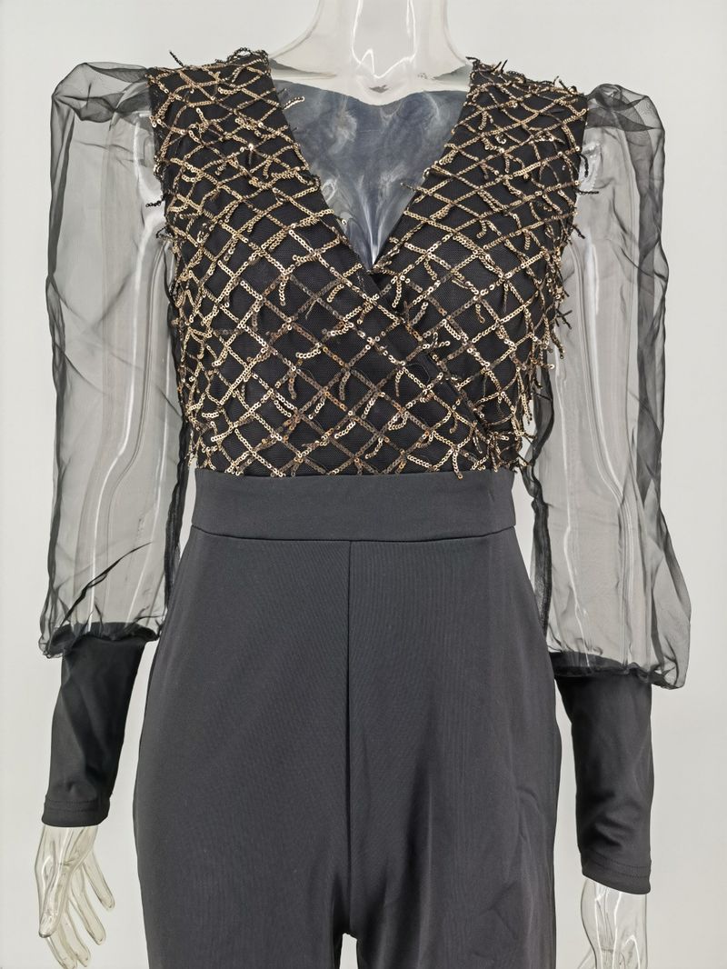 Ropa de mujer Mono sexy retro de malla con mangas largas y parches de lentejuelas_voghion.com