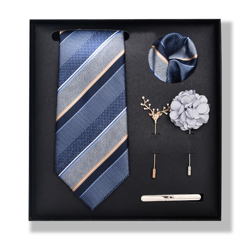 Set da uomo alla moda in tinta unita a righe con anacardi, confezione regalo da 6 pezzi, set con corsetto con fermacravatta e sciarpa quadrata_voghion.com