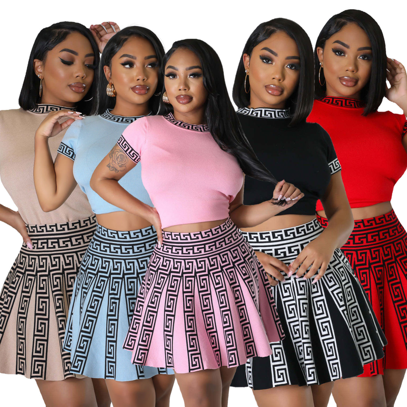 Vêtements pour femmes Mode col rond manches courtes plissé deux pièces tricoté imprimé pour femmes_voghion.com