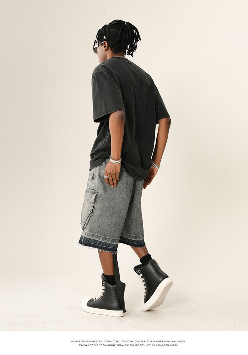 Herreklær High Street Vibe Vasket, slitt denimshorts med rå kanter Trendy merkevare Løse shorts med flere lommer_voghion.com