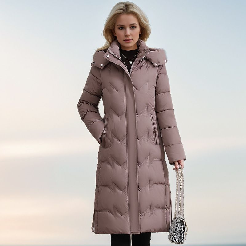 Extra Long Women's Puffer Coat - Oversized Winter Jacket With Hood, Knee-Length Warmth, Plus Size Friendly (Wine Red, Khaki, Dusty Pink, Black)_voghion.com