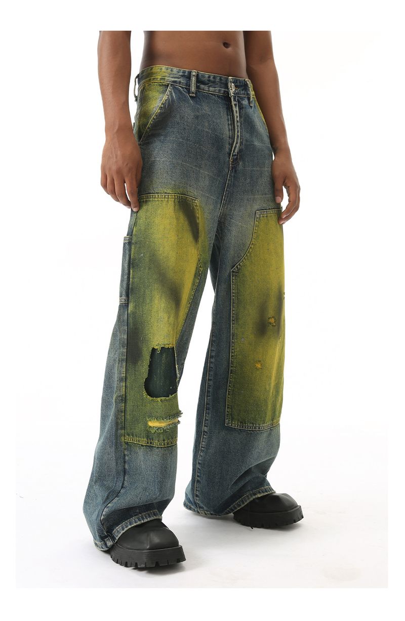 EF JEANS | 2024 New Product, American High Street Loose Mopping Old Retro Tie-dye Ripped Jeans Tide_voghion.com
