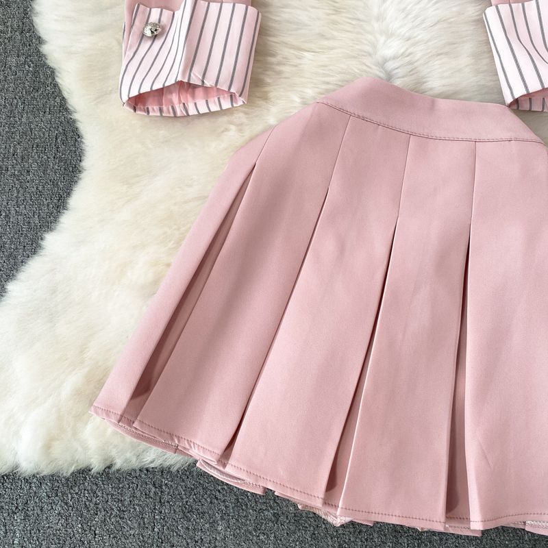 Damenbekleidung Modischer Anzug für Damen, damenhaftes Temperament, gestreifte Anzugjacke mit Spleiß, zweiteiliger Anzug, A-Linien-Rock mit hoher Taille_voghion.com