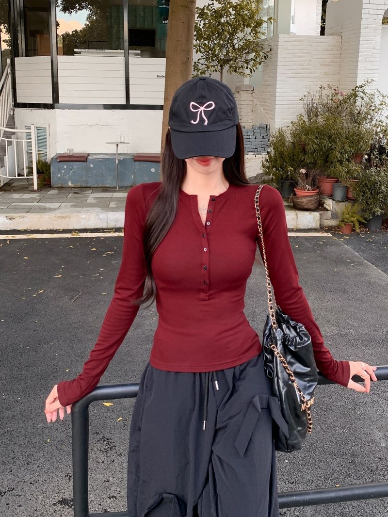 514 # 40 kombe puhas puuvill (92 puuvill/8 elastaan) 2024 sügis pikkade varrukatega naiste T-särk nööpidega avatud kraega_voghion.com