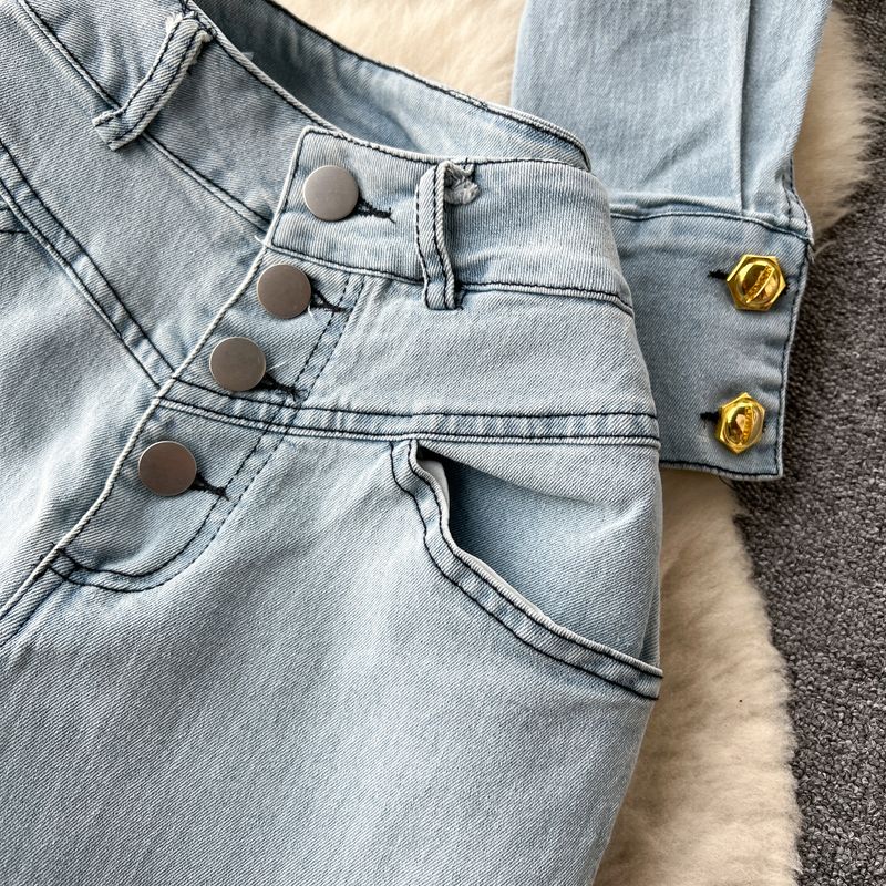 Abbigliamento da donna Dolce e fresco ragazza calda retrò design buco usurato vestito di jeans femminile autunno camicia a maniche lunghe + pantaloni a vita alta slim_voghion.com