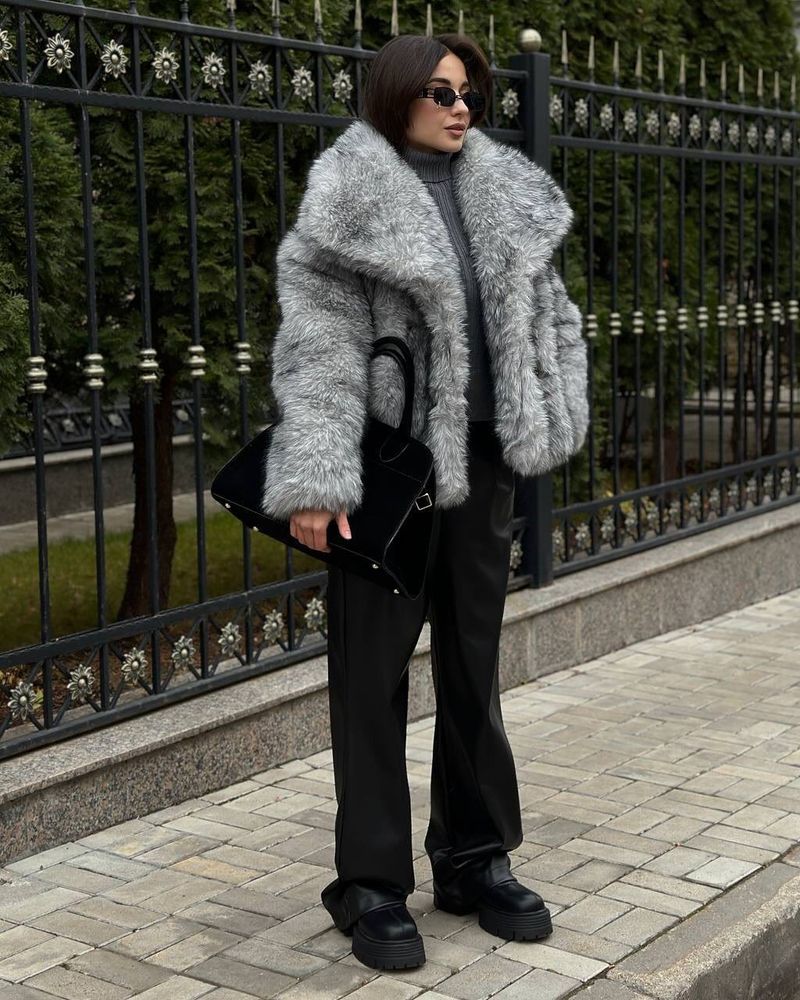 "Faux Fur Collar Jacket – Short Plush Coat With Button Detail (S-L, Grey)"_voghion.com