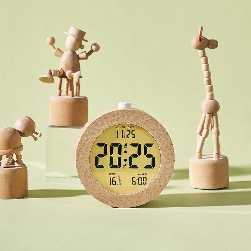 Nordic Style Solid Wood Alarm Simple Wooden Multifunctional LCD Electronic Handmade Clock_voghion.com