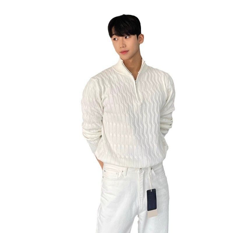 Moda e estilo de alta qualidade semi-alta gola zíper novo suéter masculino pulôver manga comprida suéter de malha versátil jaqueta top_voghion.com