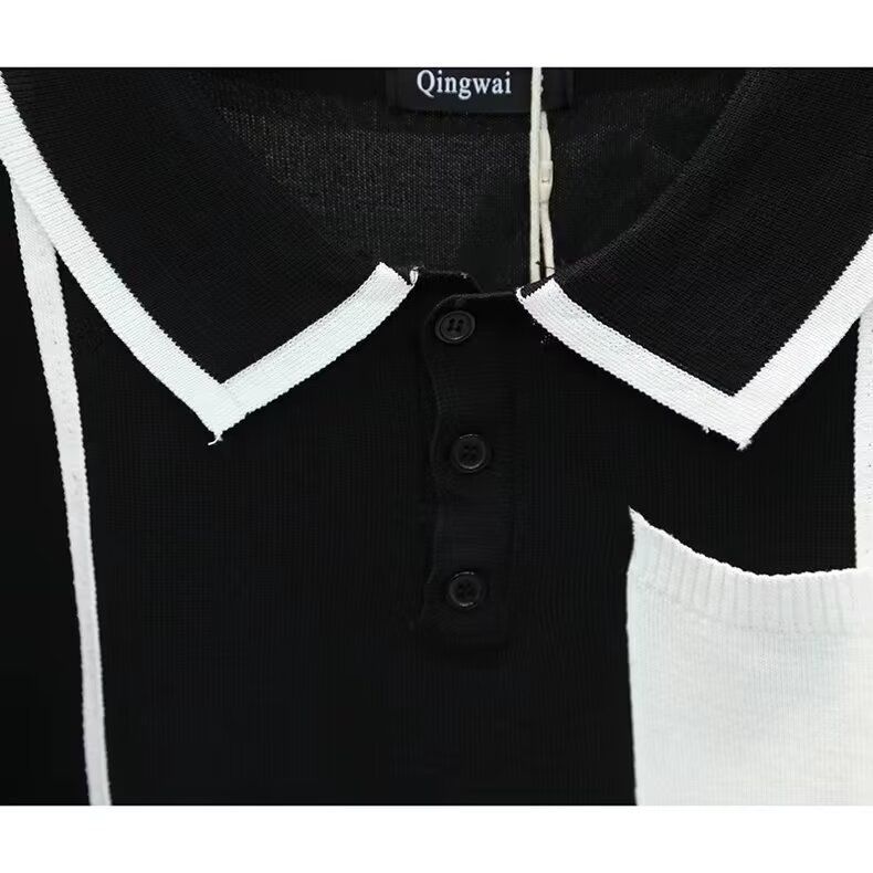 Polo estiva a righe da uomo, versatile, in seta ghiacciata fresca e a maniche corte, semplice e alla moda, con scollo rotondo._voghion.com