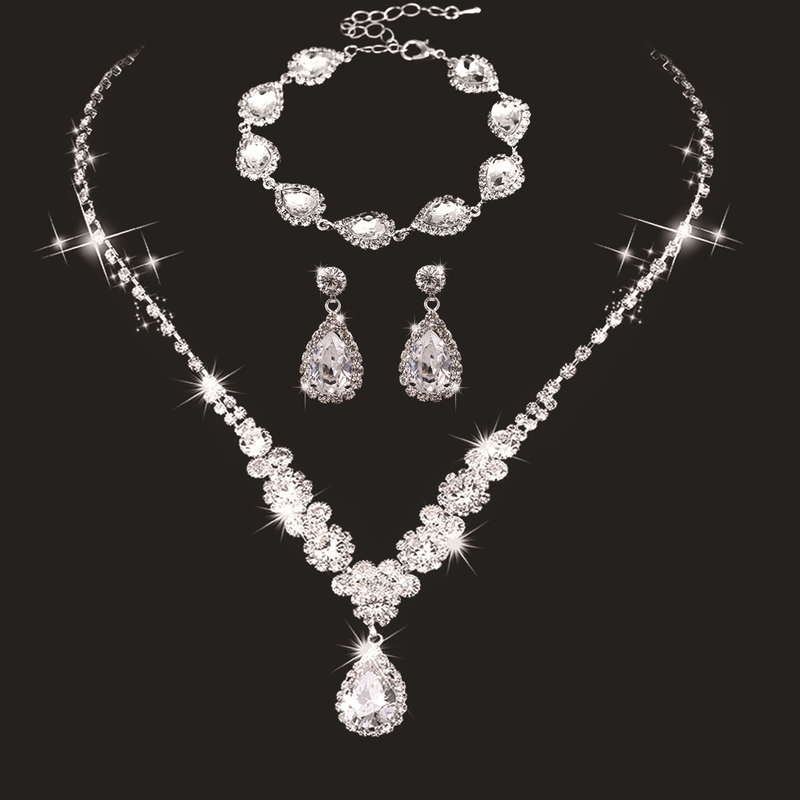 Set di gioielli da donna, alla moda, nuovo, alla moda, in oro rosa, tre pezzi, collana, orecchini, bracciale con zirconi, set da sposa._voghion.com
