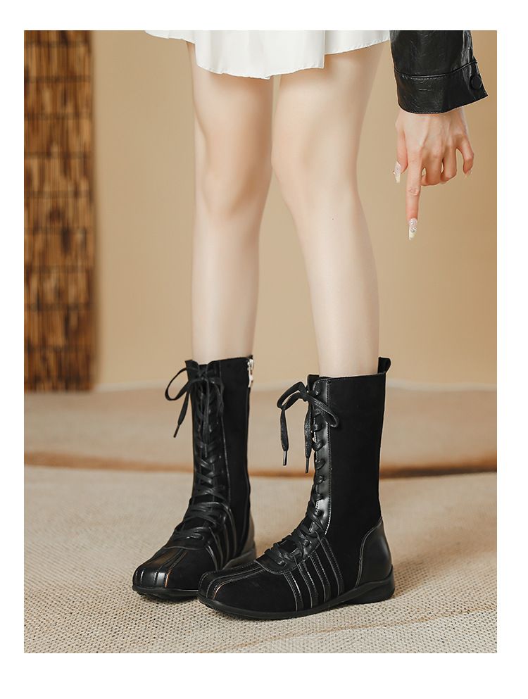 Koreaanse nieuwe retro ridder korte laarzen dames 2025 herfst en winter laarzen veter western laarzen niche platte zool kleur bijpassende korte laarzen_voghion.com