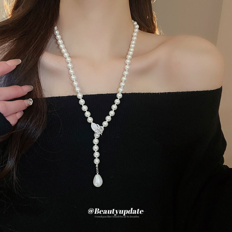 Zirkoonbladeren, waterdruppels, parels, kwastjes, ketting, lichte luxe, high-end, niche, sleutelbeenketting, modieus_voghion.com