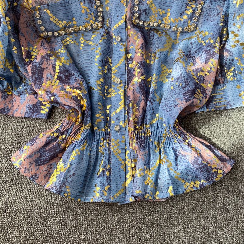 Women's Clothing Short Sleeve Diamond Lapel Waist Snake Print Chiffon Shirt Women's Short Top Summer_voghion.com