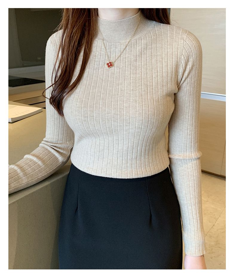 Autumn Winter New Women's Half-Polo Turtle Neck Knit Sweater Solid Color Base Layer Top Inner Outer Wear Stylish Medium Length_voghion.com