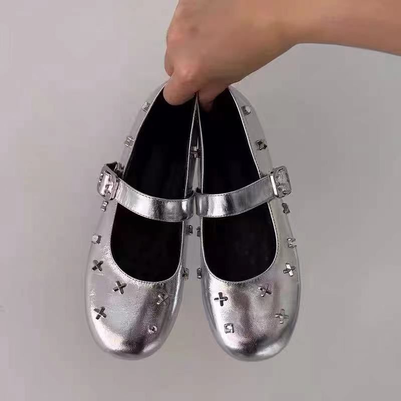 Nuovo modello 2025, scarpe Mary Jane in pelle con tacco basso e punta tonda, strass, cornice floreale incrociata e cinturino singolo_voghion.com