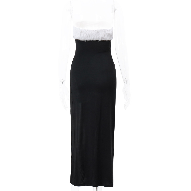 Winterfest, Weihnachten, Kontrastfarbe, Plüsch, einzeiliger Kragen, Tube-Top, hoher Schlitz, langer Rock, Kleid für Damen_voghion.com