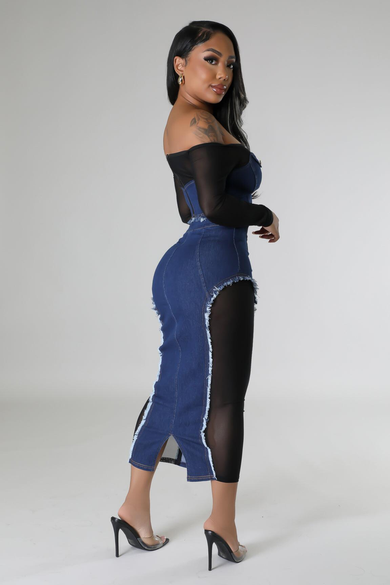 Conjunto de dos piezas de falda de pecho transparente con costura vaquera de gasa a la moda para mujer_voghion.com