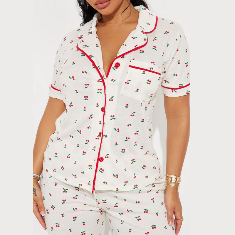 Women's Clothing Home Comfortable Printed Front Open Lapel Short Sleeved Trousers Suit_voghion.com