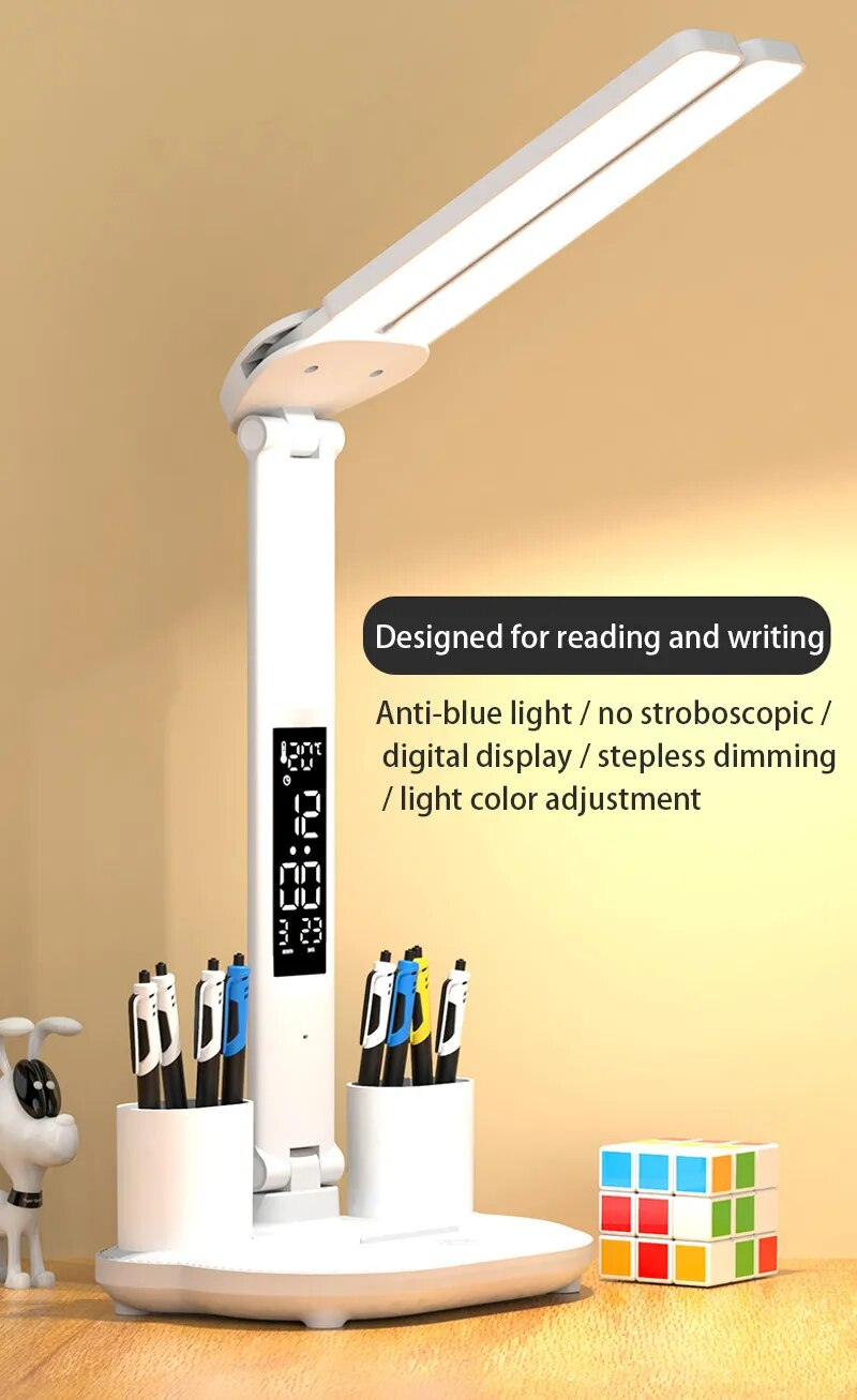 Table LED Double-headed Multifunction Foldable Touch With Calendar Clock USB Desk Lamp For Bedroom Bedside Reading Light_voghion.com