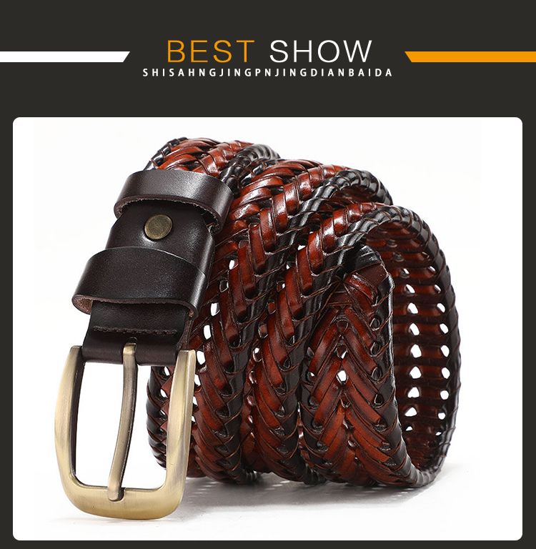Echtes Leder geflochtenes Gurtband Hochwertiger handgewebter Vintage-Gürtel für Herren mit goldener Dornschließe Casual für Jeansgurt_voghion.com