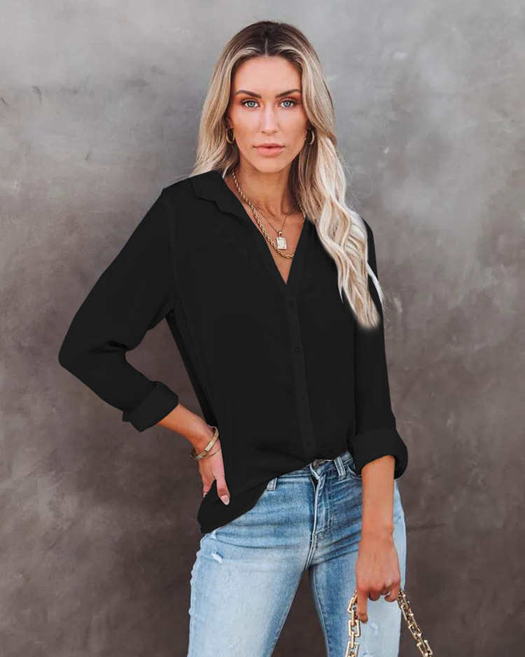 Camisa feminina casual folgada manga comprida abotoada decote em V_voghion.com