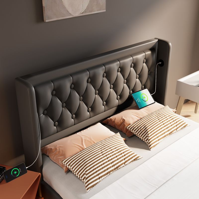 Lit double 160 x 200 cm, matelas en polyuréthane noir, lit coffre hydraulique avec chargement USB Type-C et éclairage LED sur 3 côtés, tête de lit rembourrée (matelas inclus)._voghion.com