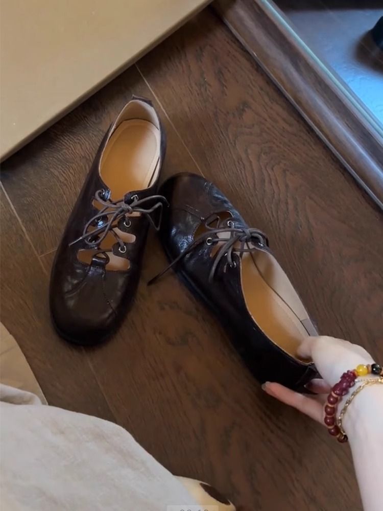 Lancui Damen Mary Jane Flache Schuhe mit flachem Mund und Schnürung im britischen Stil mit niedrigem Absatz und runder Zehenpartie_voghion.com