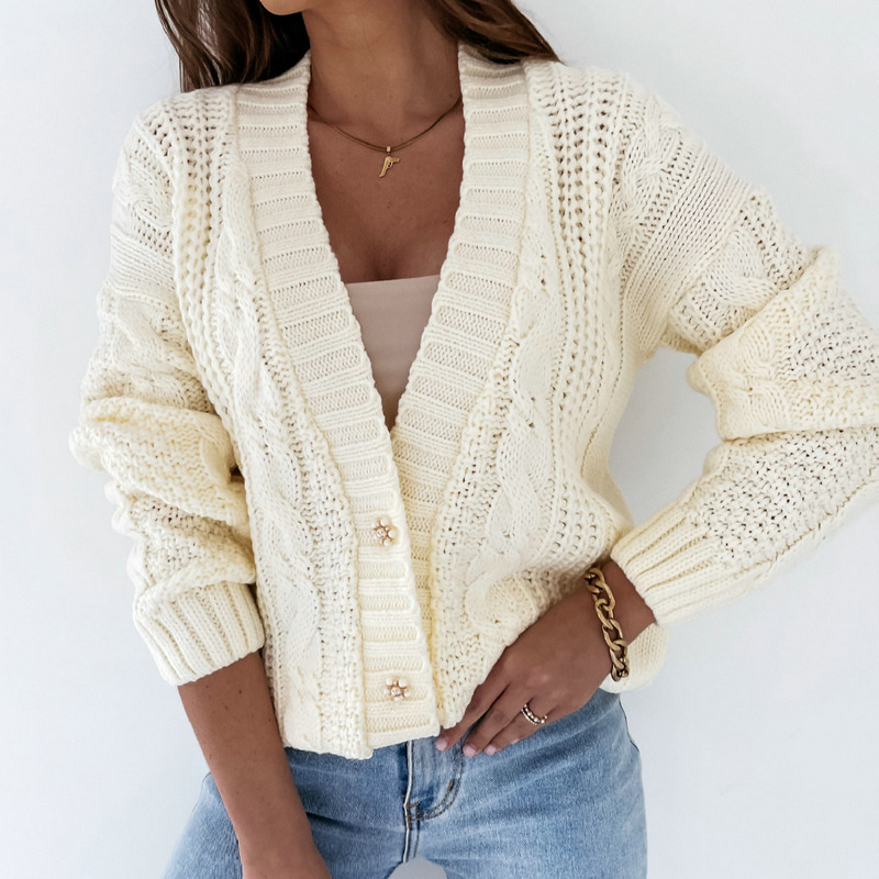 Cappotto maglione casual da donna Cardigan in maglia twist con scollo a V_voghion.com