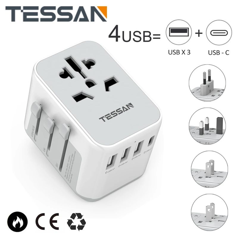 Adattatore universale TESSAN in tutto il mondo con USB e tipo C, caricabatterie da muro tutto in uno con spina internazionale per viaggi USA UE Regno Unito Australia_voghion.com