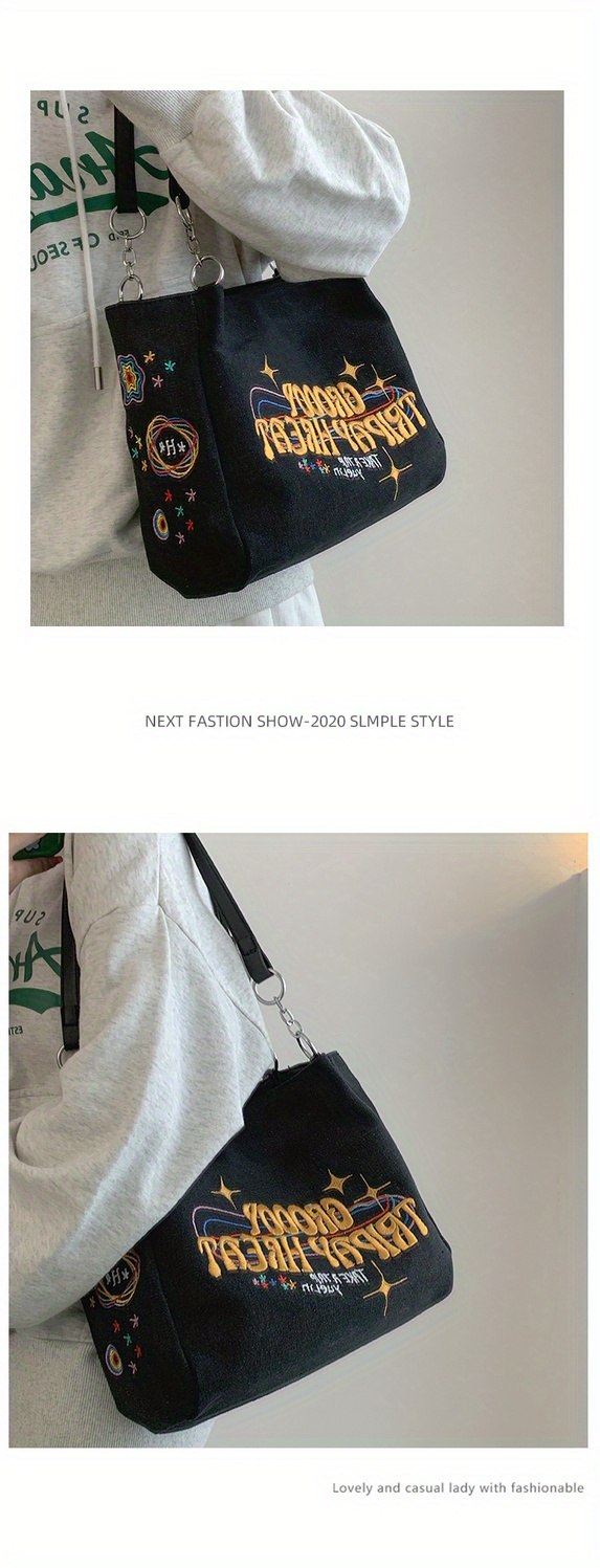 Borsa tote con grafica semplice ricamata, borsa a tracolla in tela con decorazioni in metallo di grande capacità, borsa per pendolari per tutti gli abbinamenti_voghion.com