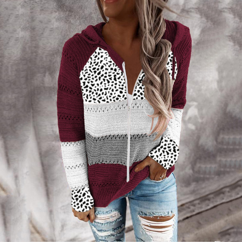 Roupas femininas New Wish Outono e Inverno Listrado Com Capuz Suéter Estampa Leopardo_voghion.com