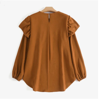 women's solid color long-sleeved loose ruffled round neck top shirt_voghion.com