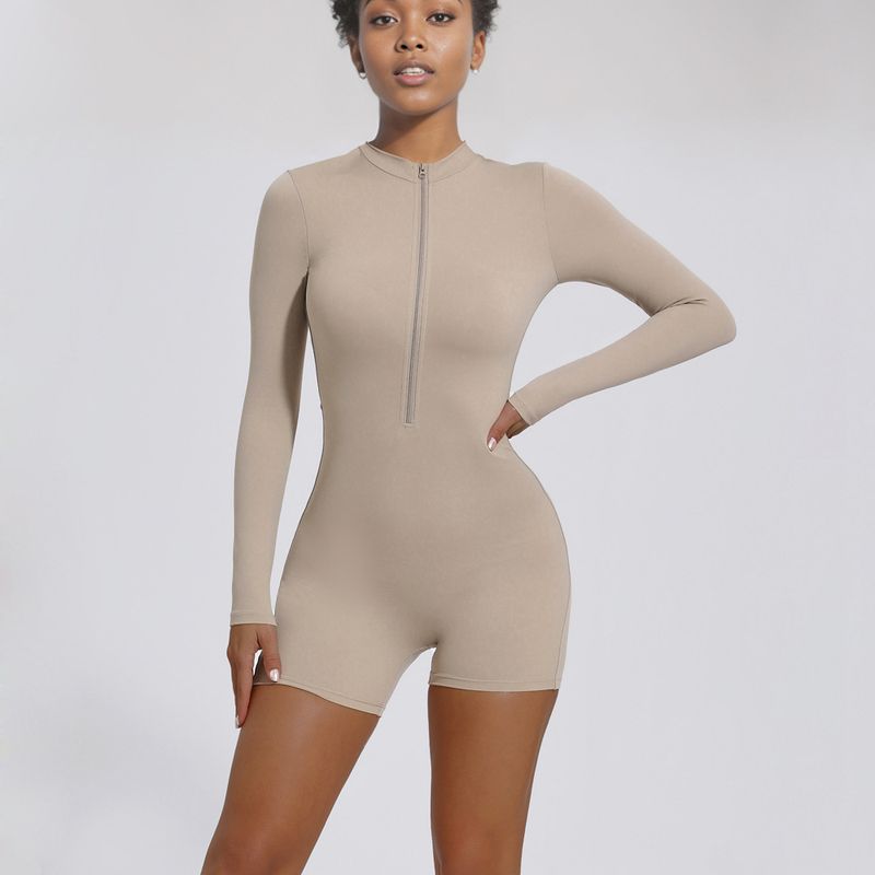 European And American Open Collar Zipper Long Sleeve Jumpsuit Dance Fitness Sports One-piece Bodysuit Sexy Tight-fitting_voghion.com