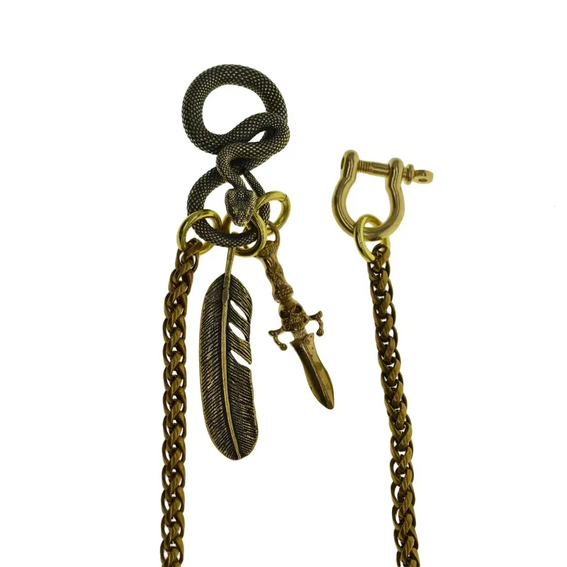 Portachiavi con gancio a forma di serpente in ottone massiccio, per pantaloni da motociclista, con catena, teschio, pugnale, piuma, regalo Edc 250430_voghion.com