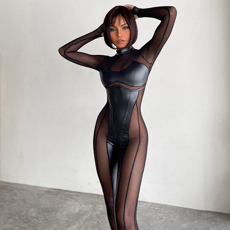 Tuta da donna a maniche lunghe con cerniera posteriore in rete patchwork con collo tondo_voghion.com