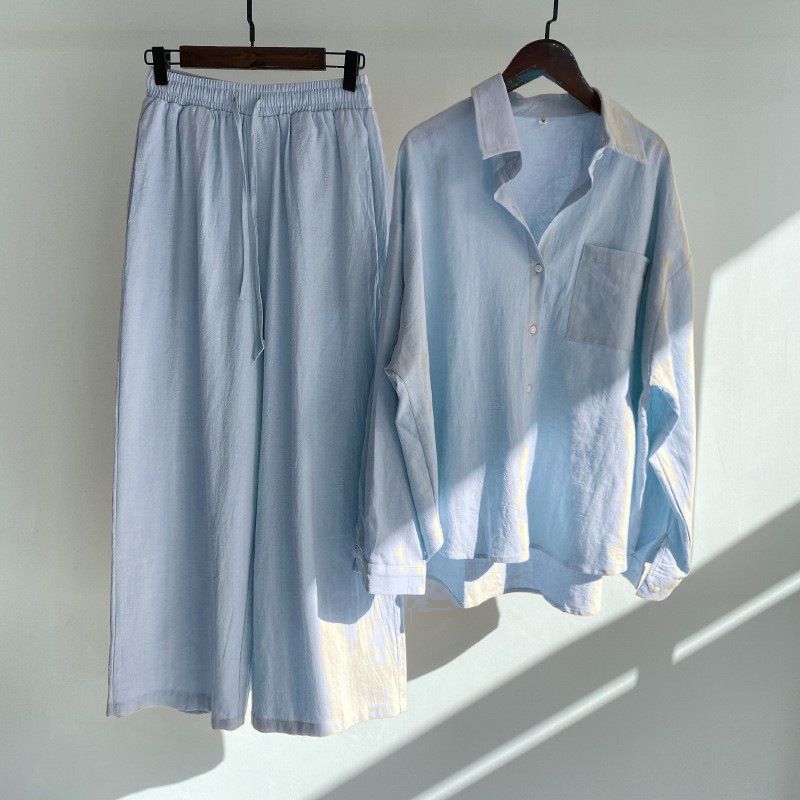 Abbigliamento da donna 2 pezzi set vintage taglie forti camicia in cotone e lino set pantaloni larghi a vita alta_voghion.com
