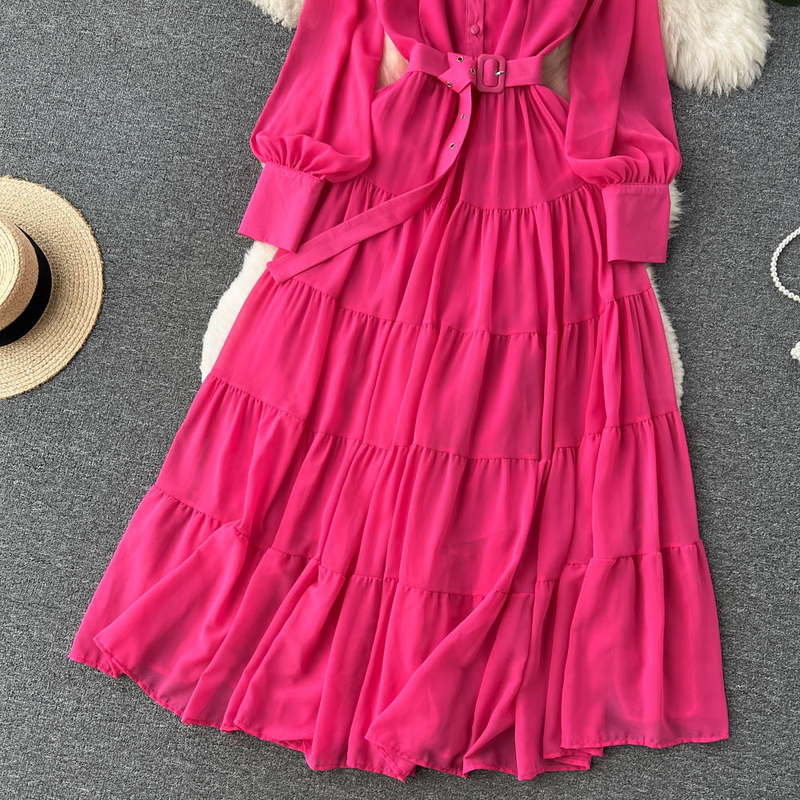 Kadın V yaka tek göğüslü şifon Fransız vintage bel zayıflama büyük salıncak A-line uzun etek_voghion.com
